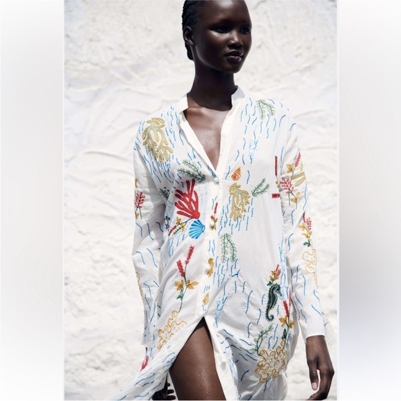 Zara Long Embroidered Blouse Oyster White Jellyfish Seahorse Bloggers Favorite - Picture 4 of 12